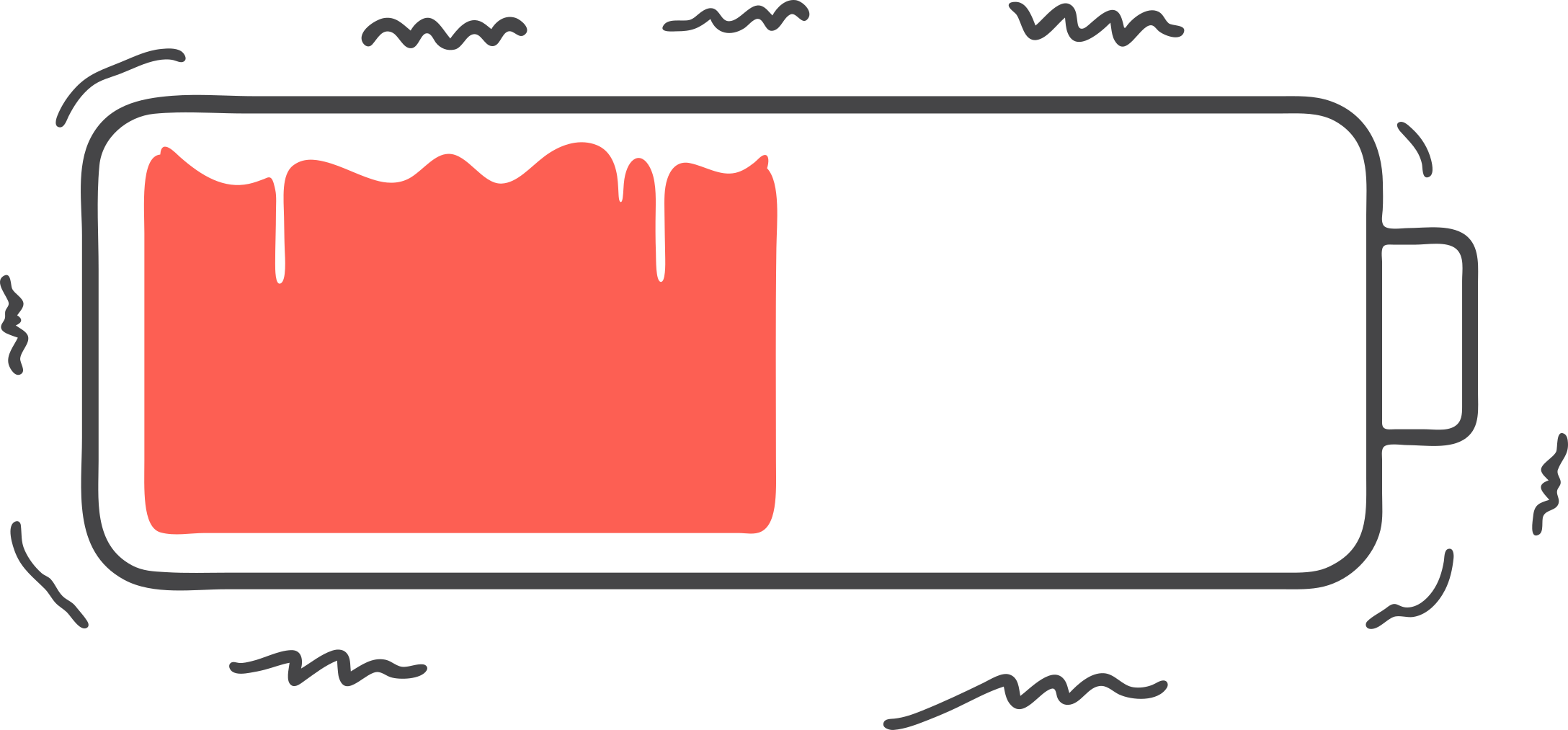 Drained battery surrounded by anxious squiggles