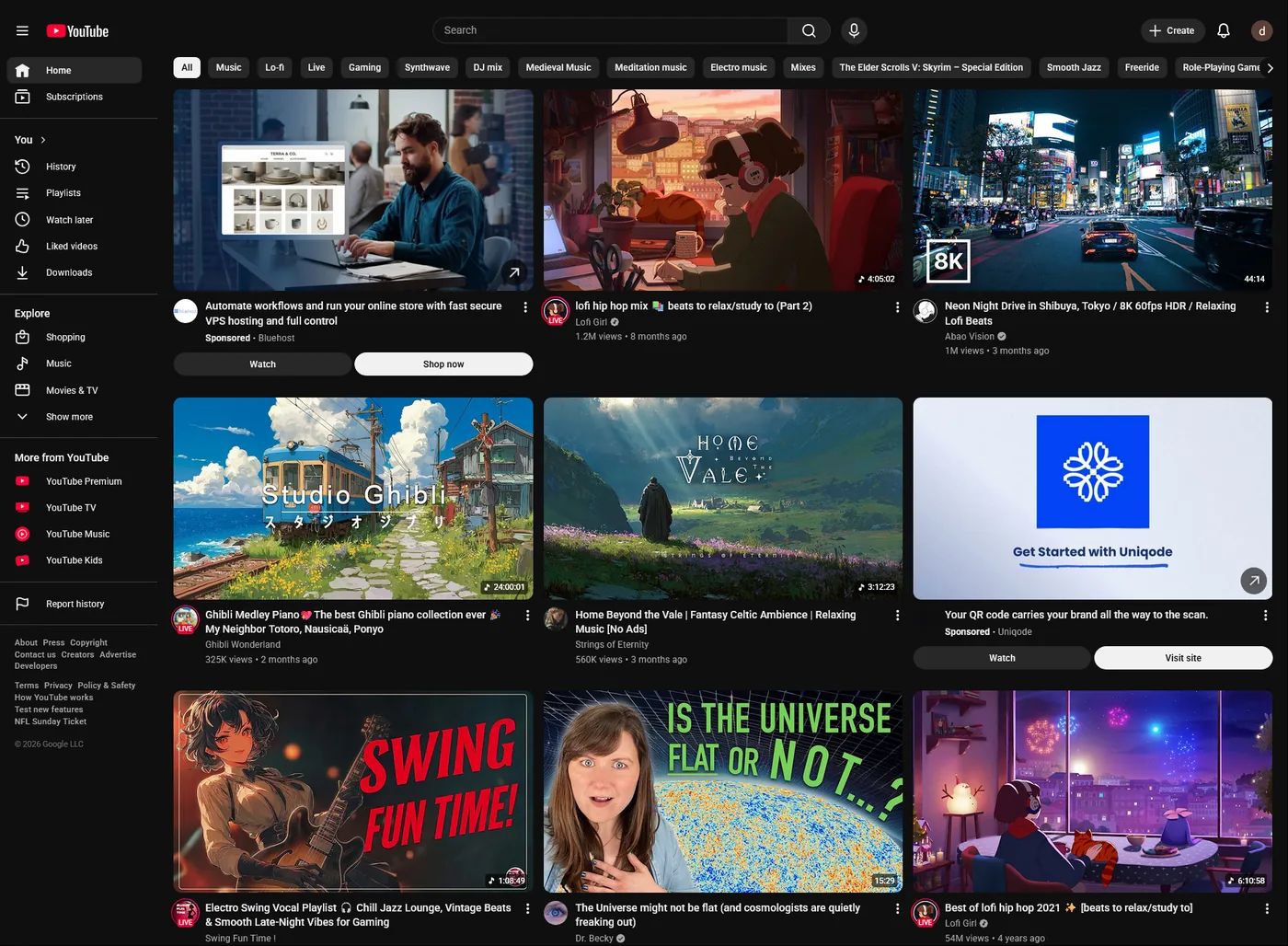 YouTube home feed with the Shorts row removed; only regular videos remain