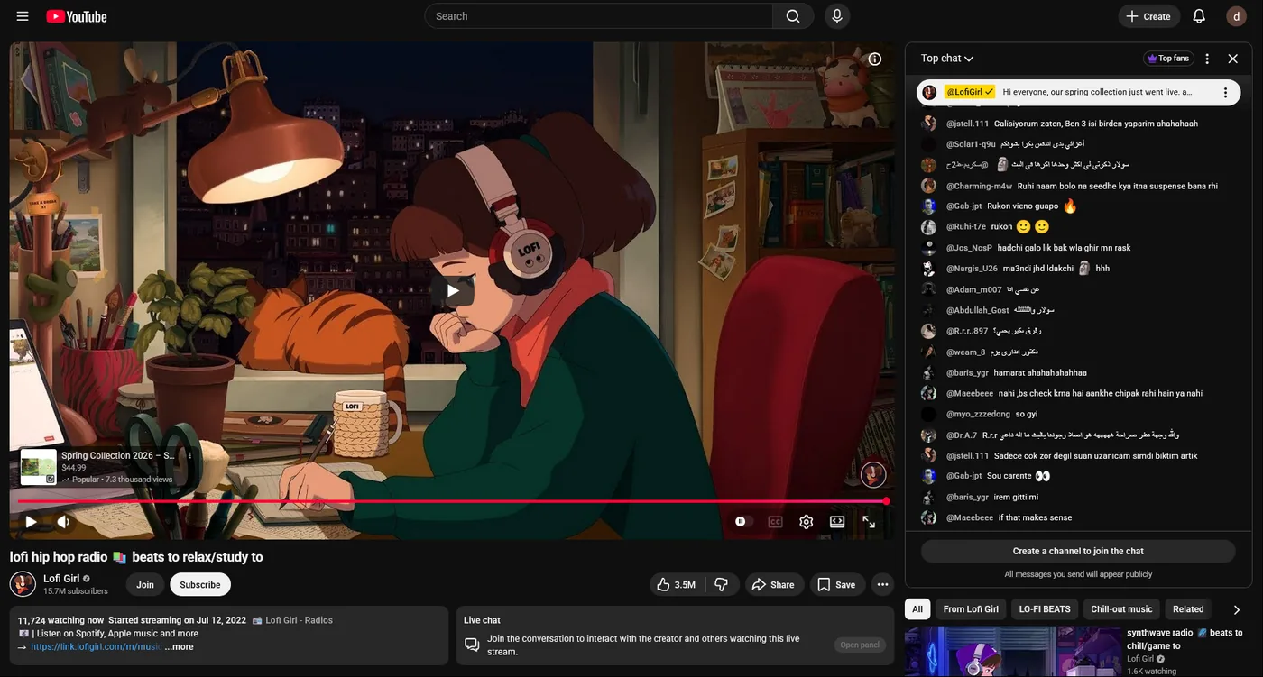YouTube watch page with a crowded sidebar of suggested videos and a live chat panel